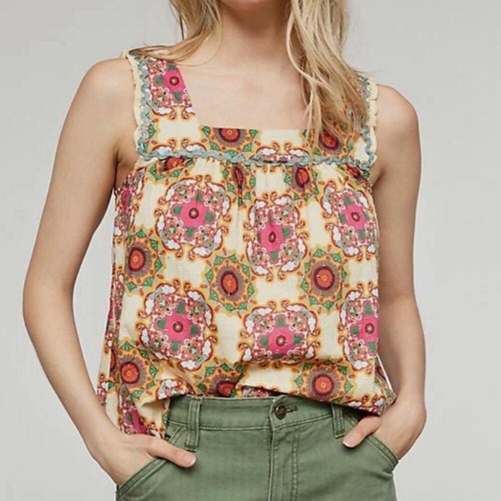 NWT Anthropologie Let Me Be Abstract Ruffled Tank Top Size 12